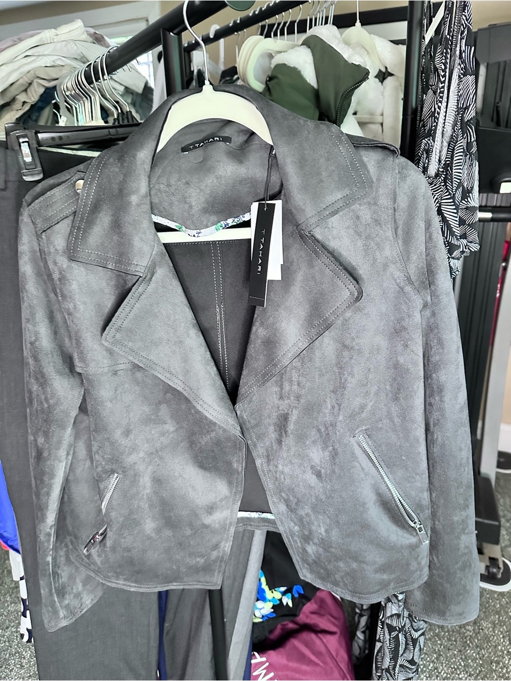 Tahari Gray Suede-Style Moto Jacket